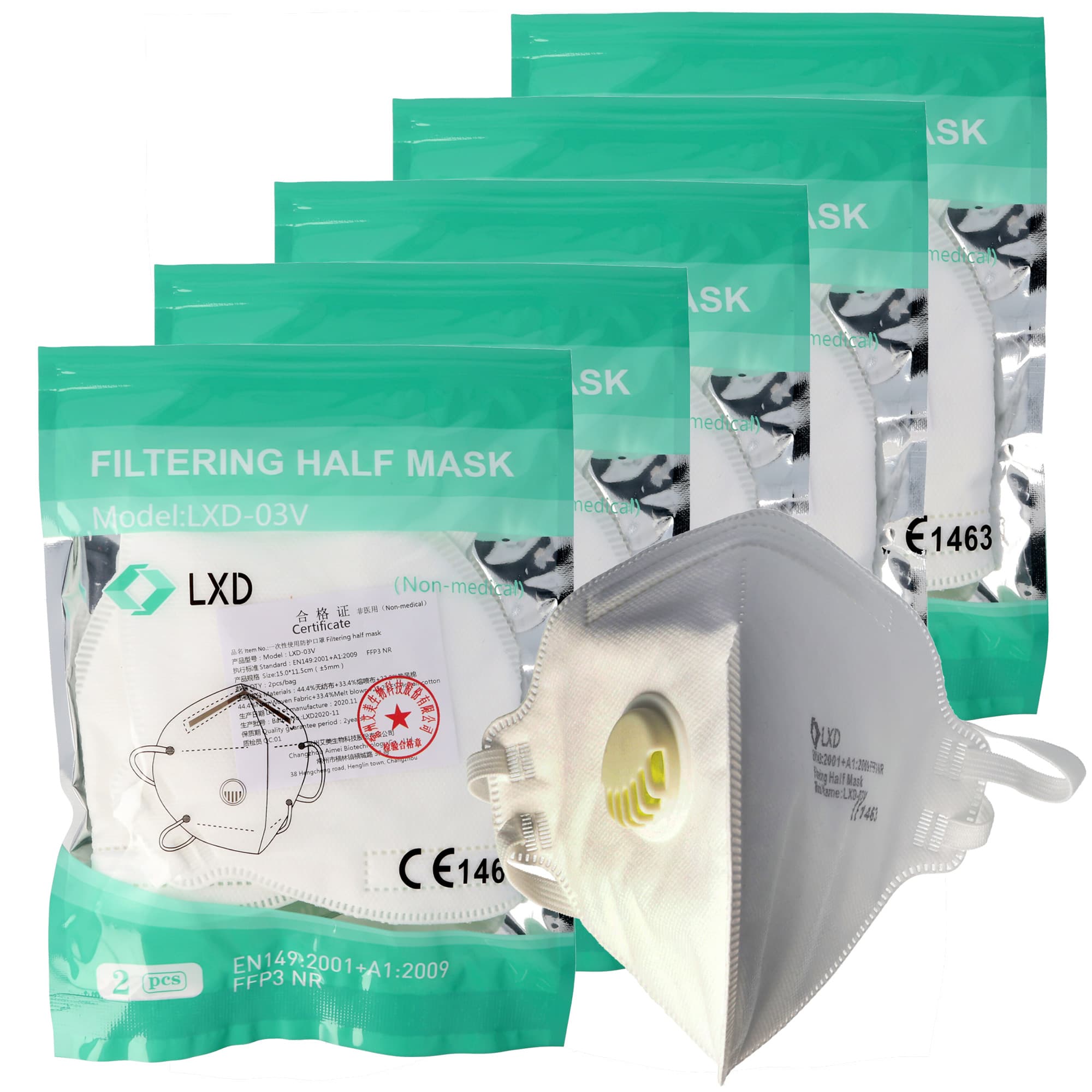 10 pièces Masque de protection FFP3 Premium 5 plis avec valve, ration hebdomadaire, certifié selon DIN EN149: 2001 + A1: 2009, demi-masque filtrant
