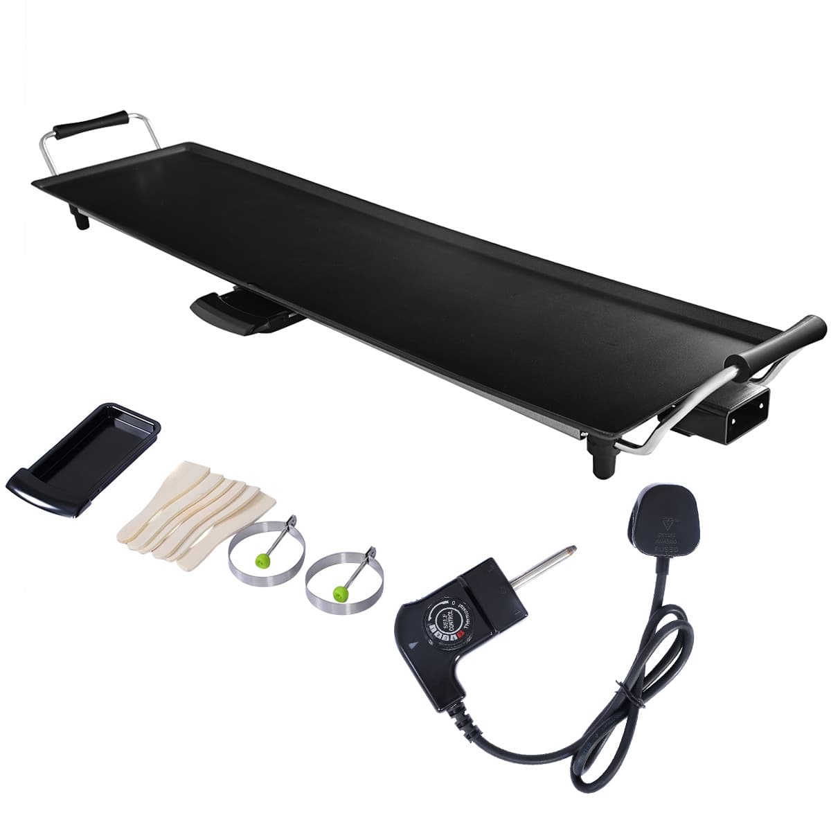 CostwayPlancha Electrique Antiadhésive-1800W-230V 50HZ-Thermostat Adjustable 5 Niveaux -6 Spatules et Tiroir Collecteur d’Huile
